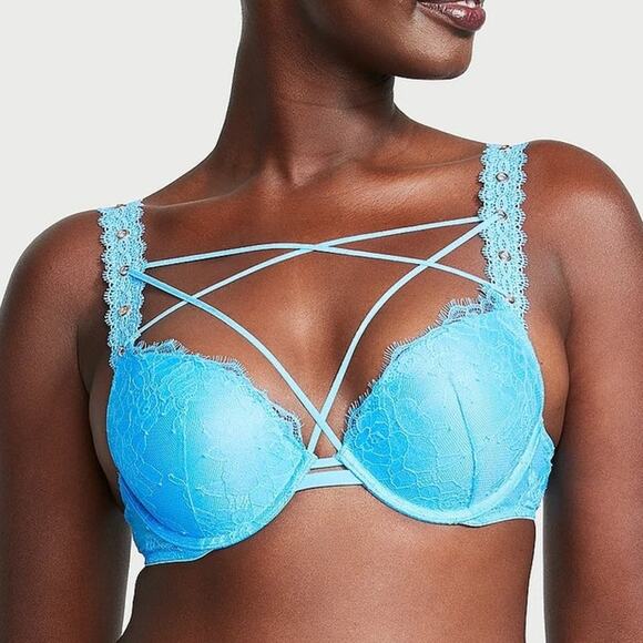 Victoria's Secret Very Sexy Rose Lace & Grommet Push-Up Bra Capri Blue 36F NEW - Picture 7 of 9